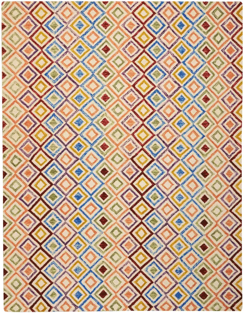 Ivory Blue And Red Wool Geometric Hand Tufted Area Rug Photo 4