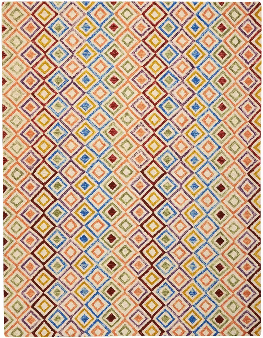 Ivory Blue And Red Wool Geometric Hand Tufted Area Rug Photo 4