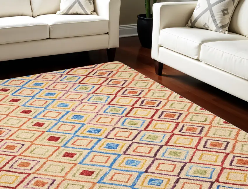 Ivory Blue And Red Wool Geometric Hand Tufted Area Rug Photo 1
