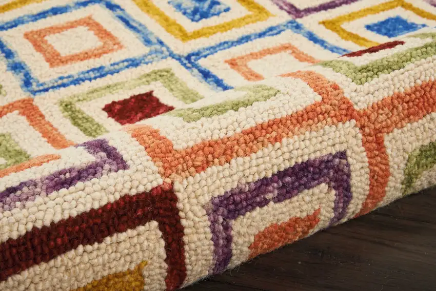 Ivory Blue And Red Wool Geometric Hand Tufted Area Rug Photo 6