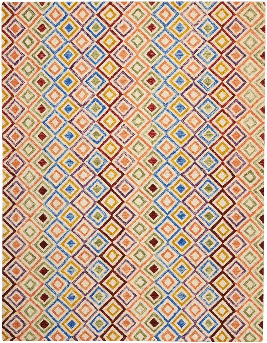 Ivory Blue And Red Wool Geometric Hand Tufted Area Rug Photo 4