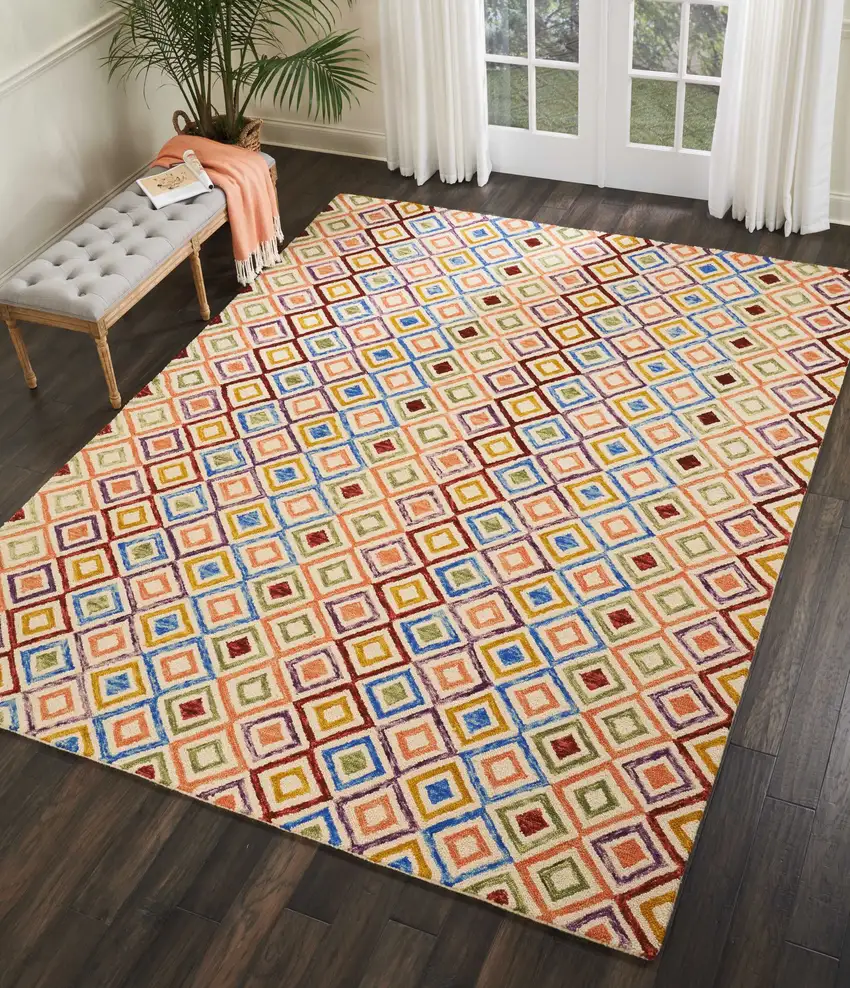 Ivory Blue And Red Wool Geometric Hand Tufted Area Rug Photo 7