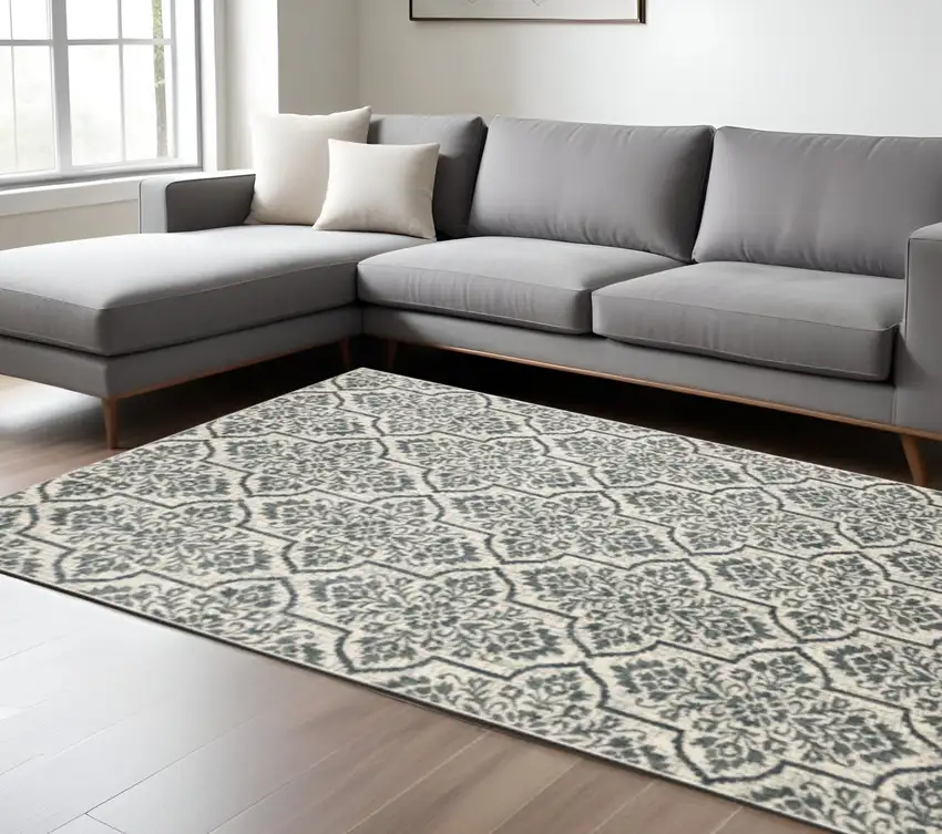 Ivory Blue And Sage Floral Power Loom Stain Resistant Area Rug Photo 1