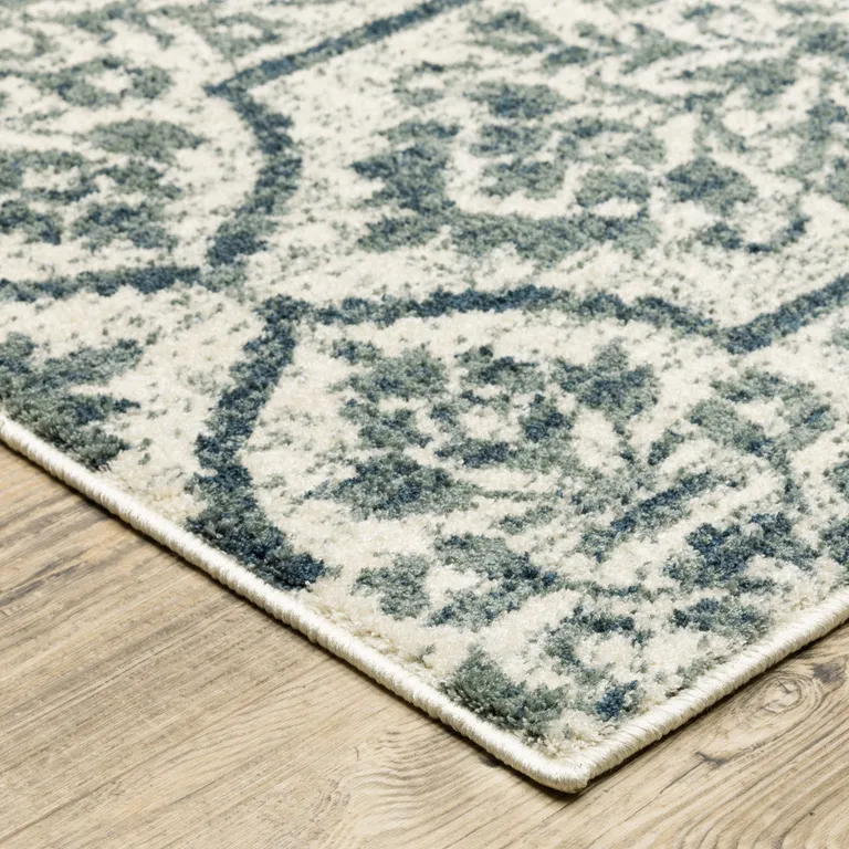 Ivory Blue And Sage Floral Power Loom Stain Resistant Area Rug Photo 3