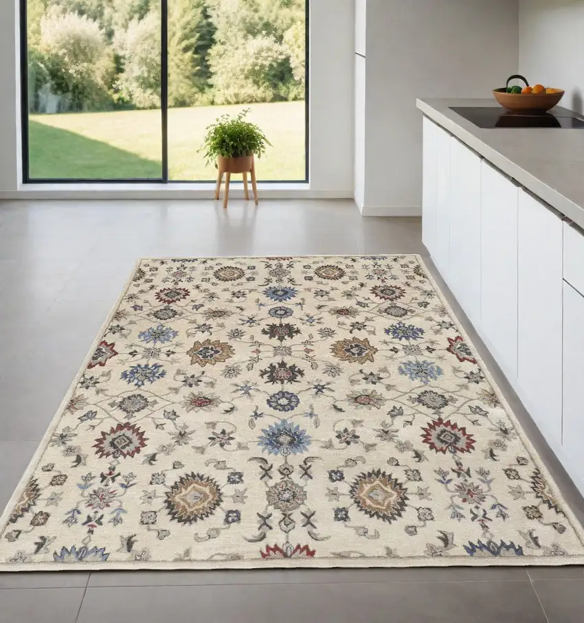 Ivory and Blue Wool Floral Hand Tufted Area Rug Photo 1