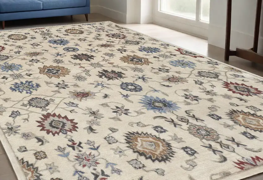 Ivory and Blue Wool Floral Hand Tufted Area Rug Photo 1