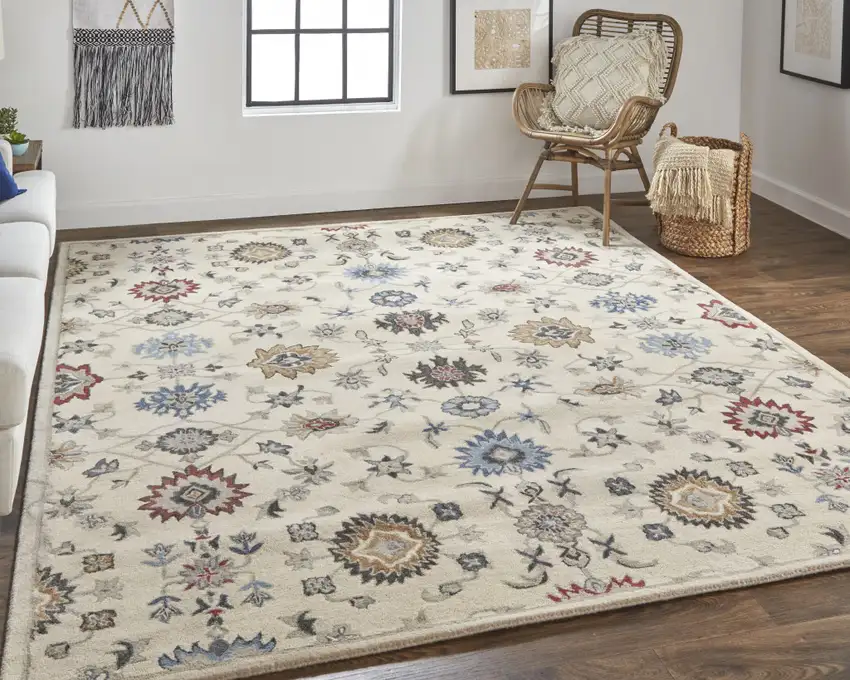 Ivory Blue And Tan Wool Floral Tufted Handmade Stain Resistant Area Rug Photo 9