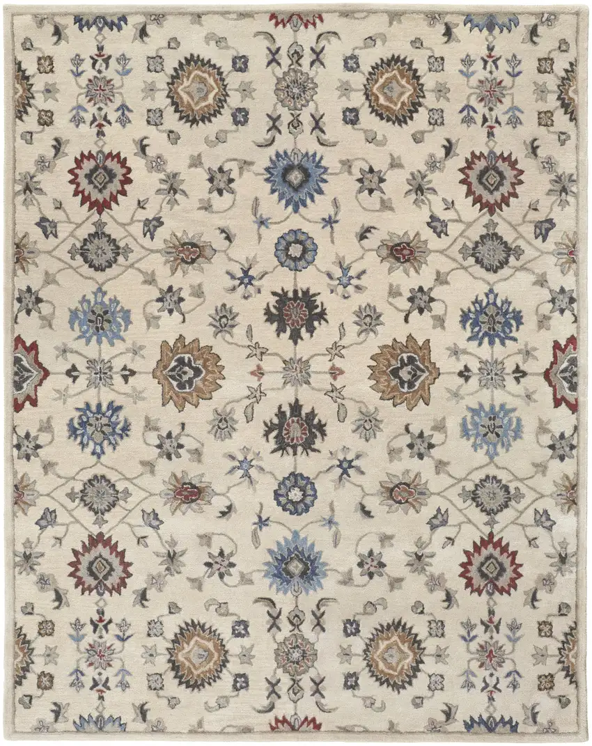 Ivory Blue And Tan Wool Floral Tufted Handmade Stain Resistant Area Rug Photo 1