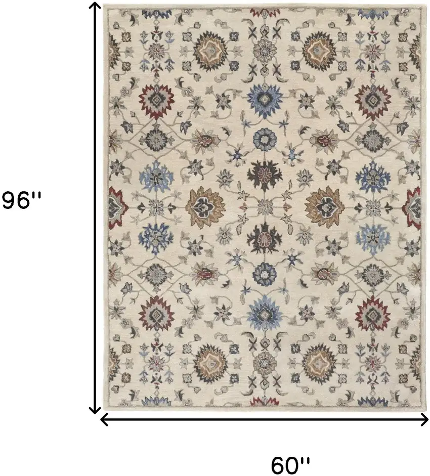 Ivory and Blue Wool Floral Hand Tufted Area Rug Photo 3