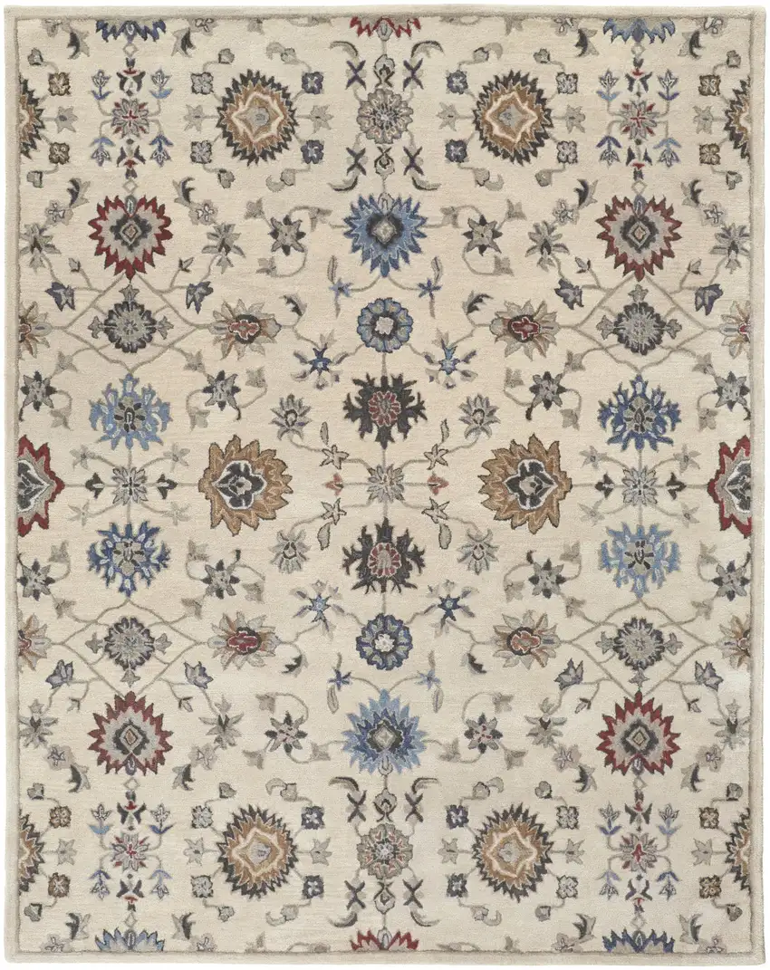 Ivory Blue And Tan Wool Floral Tufted Handmade Stain Resistant Area Rug Photo 1