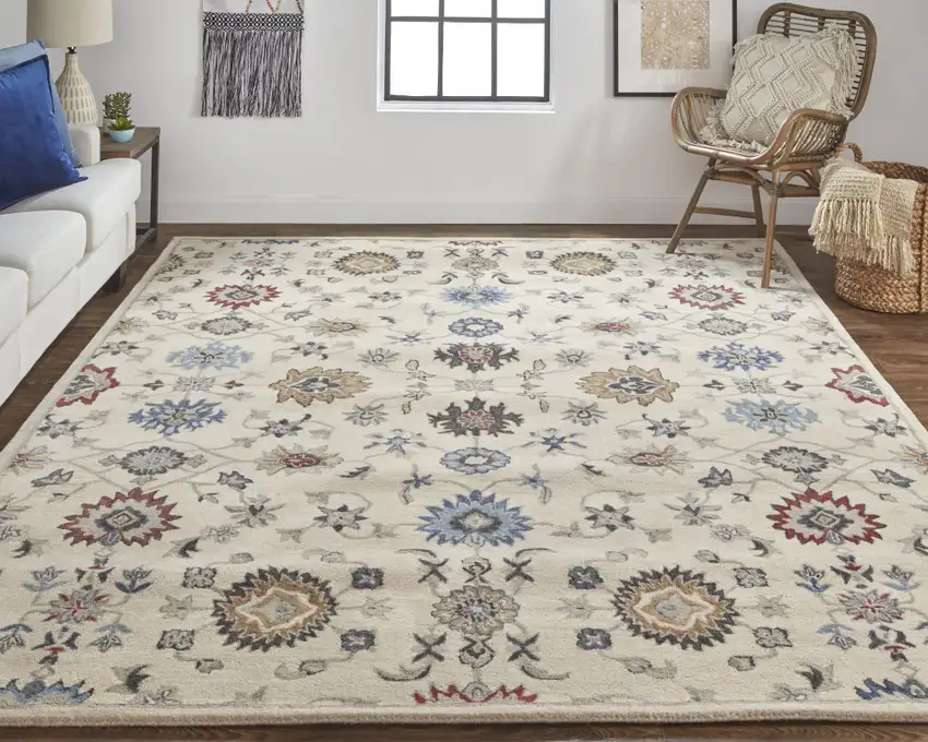 Ivory Blue And Tan Wool Floral Tufted Handmade Stain Resistant Area Rug Photo 2