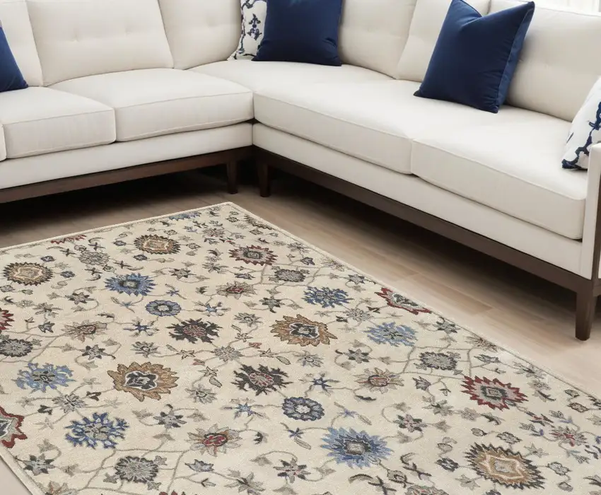 Ivory and Blue Wool Floral Hand Tufted Area Rug Photo 1