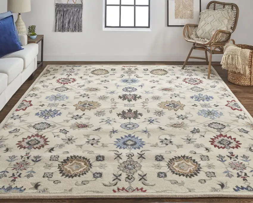 Ivory Blue And Tan Wool Floral Tufted Handmade Stain Resistant Area Rug Photo 8
