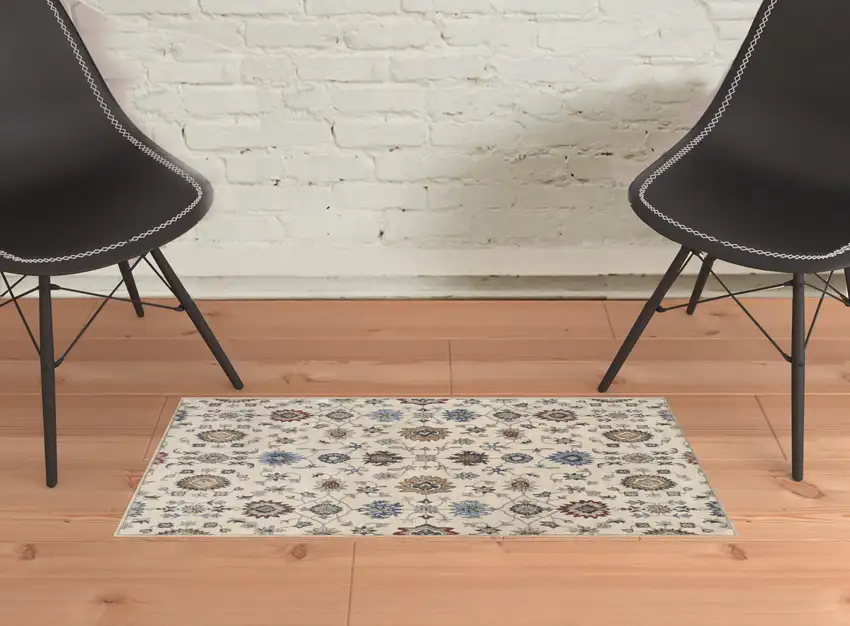 Ivory Blue And Tan Wool Floral Tufted Handmade Stain Resistant Area Rug Photo 2