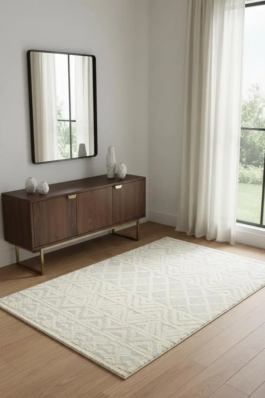 Ivory Blue And Tan Wool Geometric Tufted Handmade Stain Resistant Area Rug Photo 1