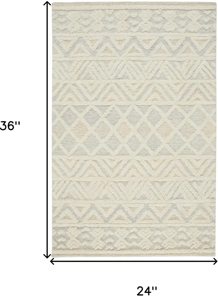 Ivory Blue And Tan Wool Geometric Tufted Handmade Stain Resistant Area Rug Photo 7