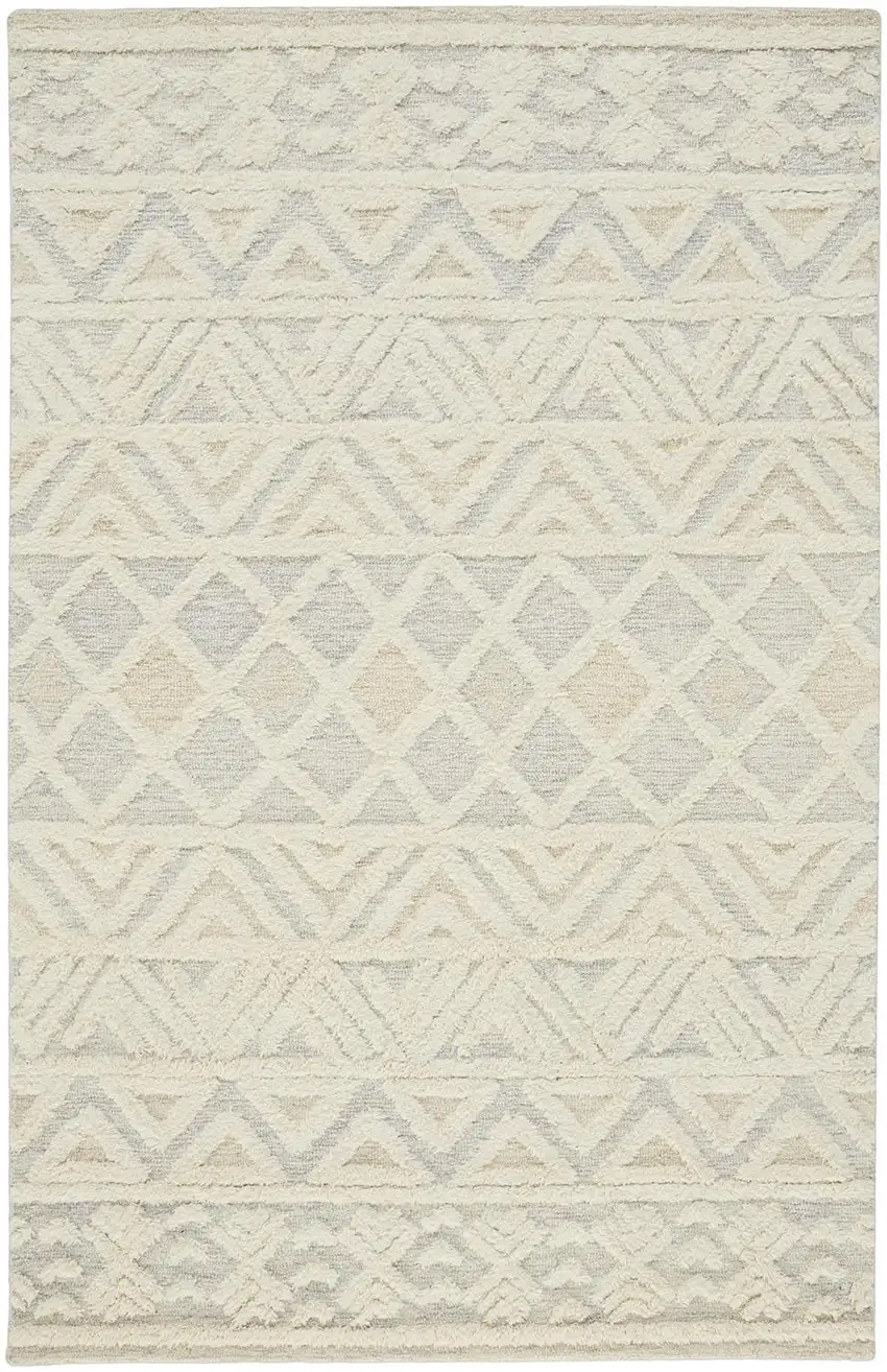 Ivory Blue And Tan Wool Geometric Tufted Handmade Stain Resistant Area Rug Photo 1
