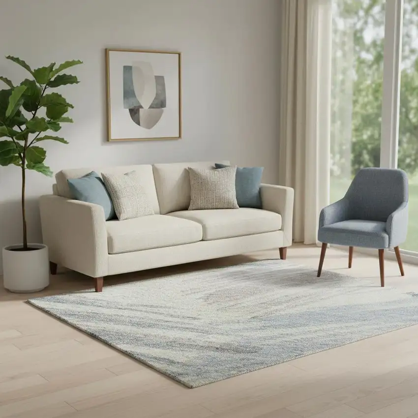 Ivory Blue And Taupe Striped Washable Area Rug With UV Protection Photo 2