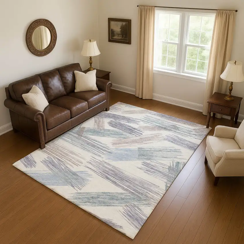 Ivory Blue And Taupe Striped Washable Area Rug With UV Protection Photo 2