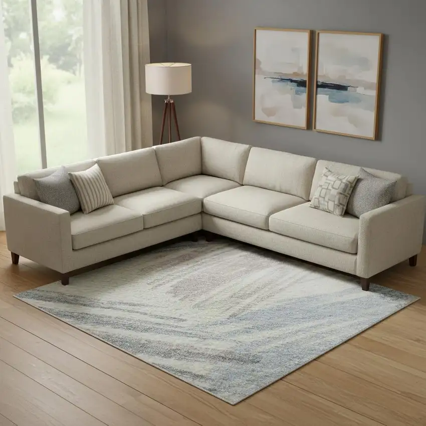 Ivory Blue And Taupe Striped Washable Area Rug With UV Protection Photo 2