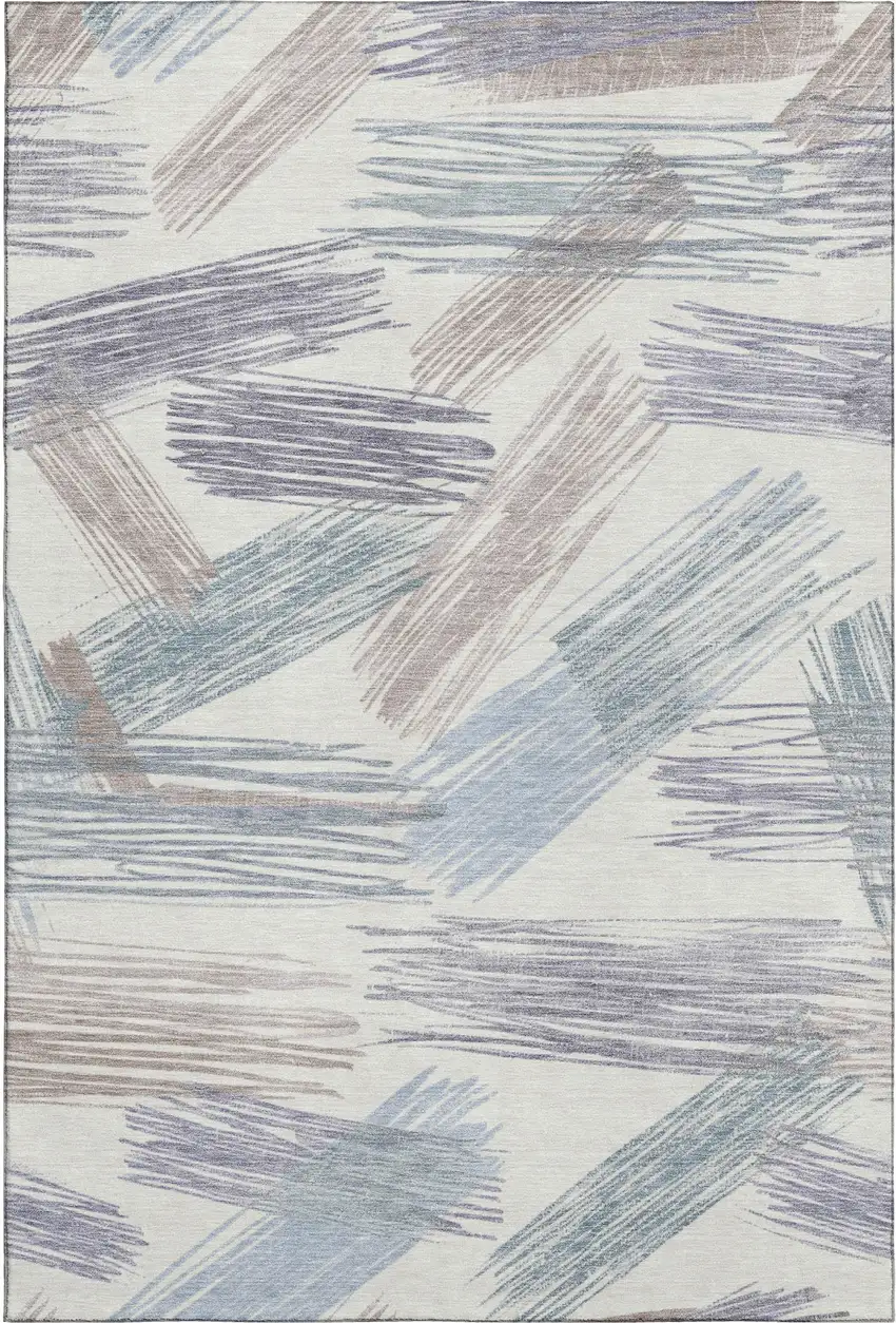 Ivory Blue And Taupe Striped Washable Area Rug With UV Protection Photo 4