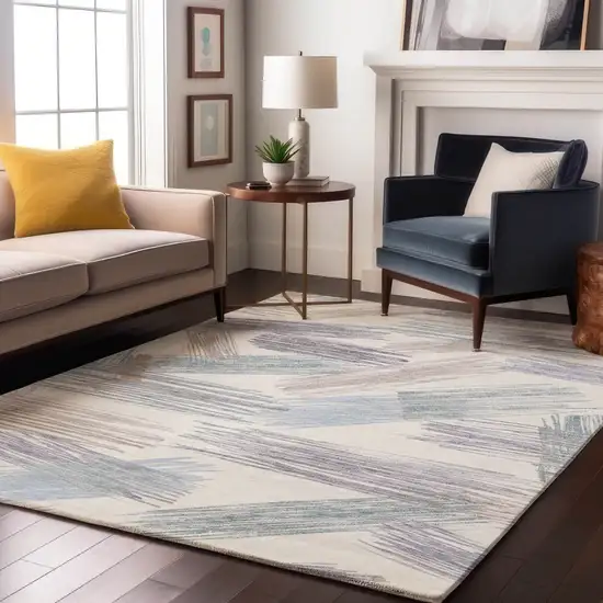 Ivory Blue And Taupe Striped Washable Area Rug With UV Protection Photo 3