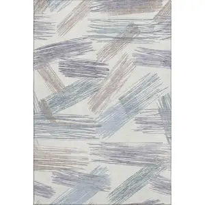 Photo of Ivory Blue And Taupe Striped Washable Area Rug With UV Protection