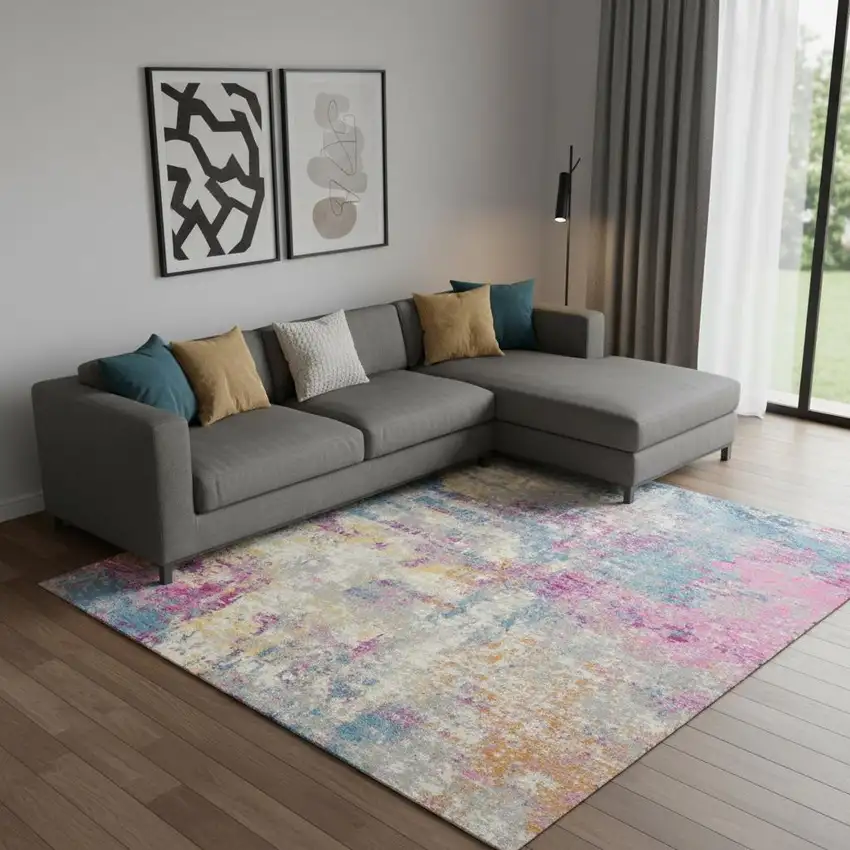 Ivory Blue And Yellow Abstract Area Rug Photo 1