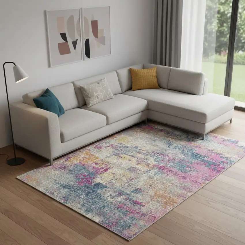 Ivory Blue And Yellow Abstract Area Rug Photo 1