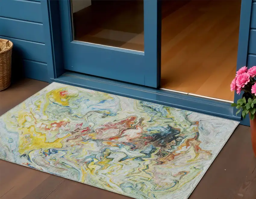 Ivory Blue And Yellow Abstract Washable Indoor Outdoor Area Rug Photo 1