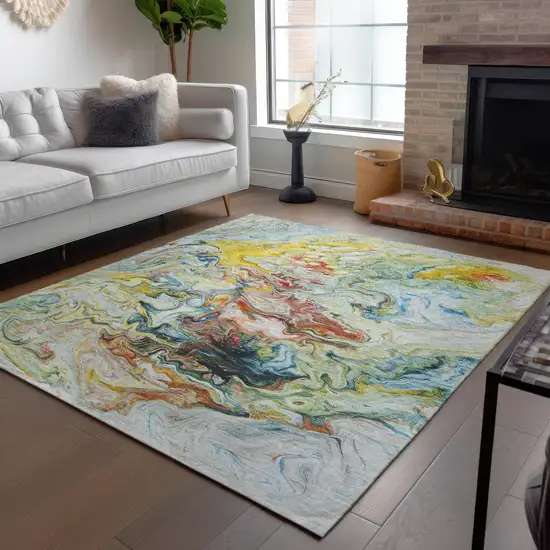 Ivory Blue And Yellow Abstract Washable Indoor Outdoor Area Rug Photo 8