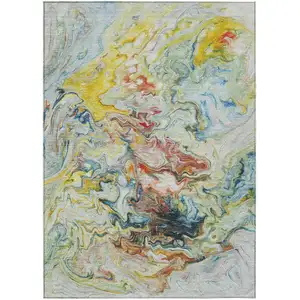 Photo of Ivory Blue And Yellow Abstract Washable Indoor Outdoor Area Rug