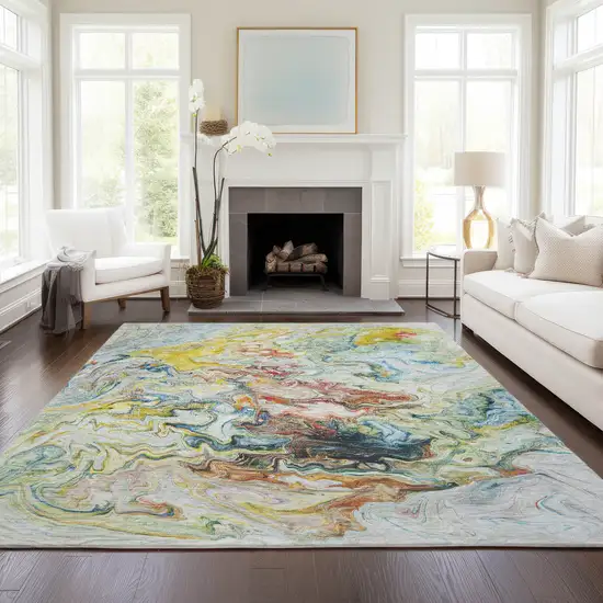 Ivory Blue And Yellow Abstract Washable Indoor Outdoor Area Rug Photo 9