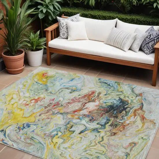 Ivory Blue And Yellow Abstract Washable Indoor Outdoor Area Rug Photo 1