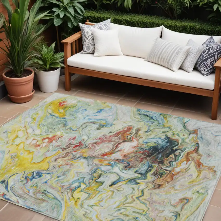 Ivory Blue And Yellow Abstract Washable Indoor Outdoor Area Rug Photo 1