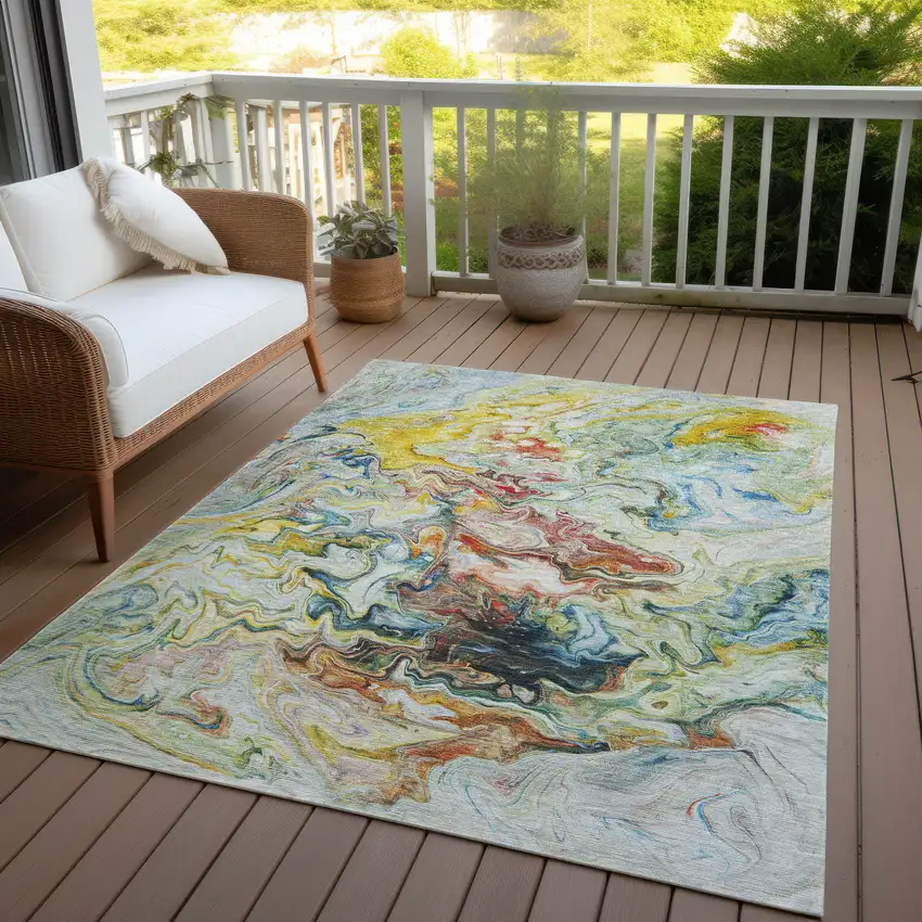 Ivory Blue And Yellow Abstract Washable Indoor Outdoor Area Rug Photo 8