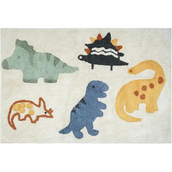 Ivory Blue And Yellow Dinosaurs Youthful Washable Area Rug Photo 3