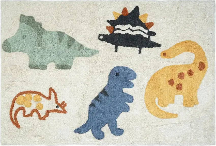 Ivory Blue And Yellow Dinosaurs Youthful Washable Area Rug Photo 3