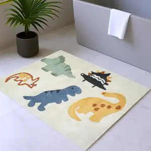 Photo of Ivory Blue And Yellow Dinosaurs Youthful Washable Area Rug