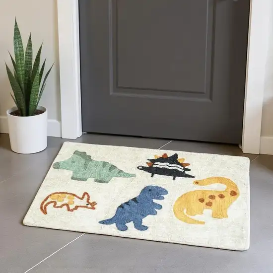 Ivory Blue And Yellow Dinosaurs Youthful Washable Area Rug Photo 2