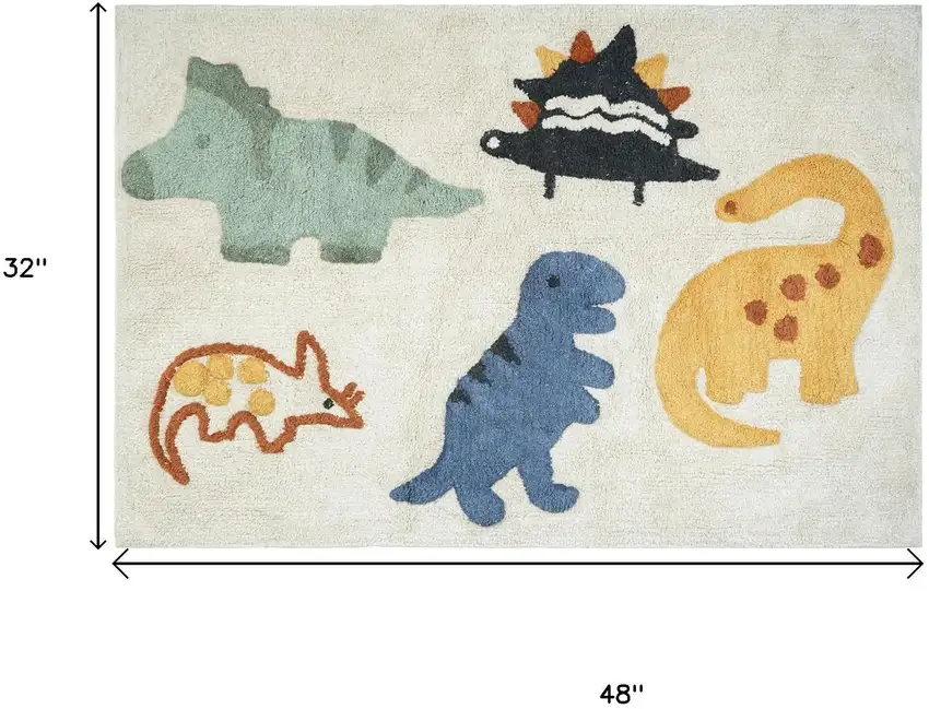 Ivory Blue And Yellow Dinosaurs Youthful Washable Area Rug Photo 5