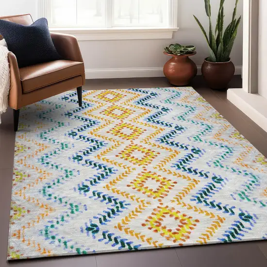 Ivory Blue And Yellow Geometric Washable Area Rug With UV Protection Photo 5