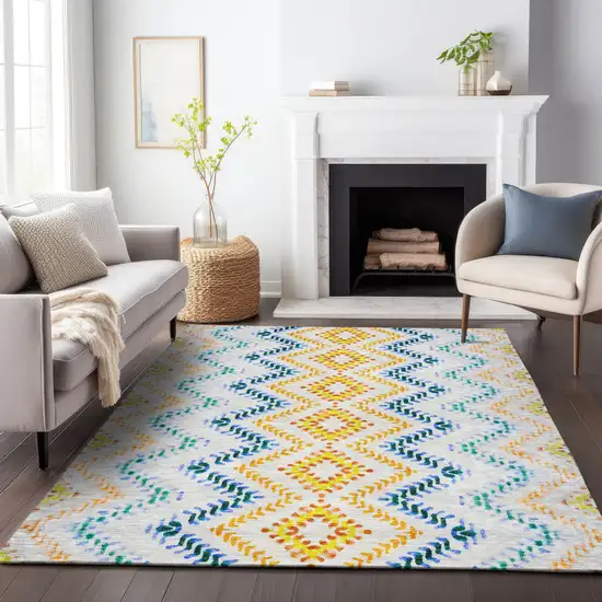 Ivory Blue And Yellow Geometric Washable Area Rug With UV Protection Photo 4