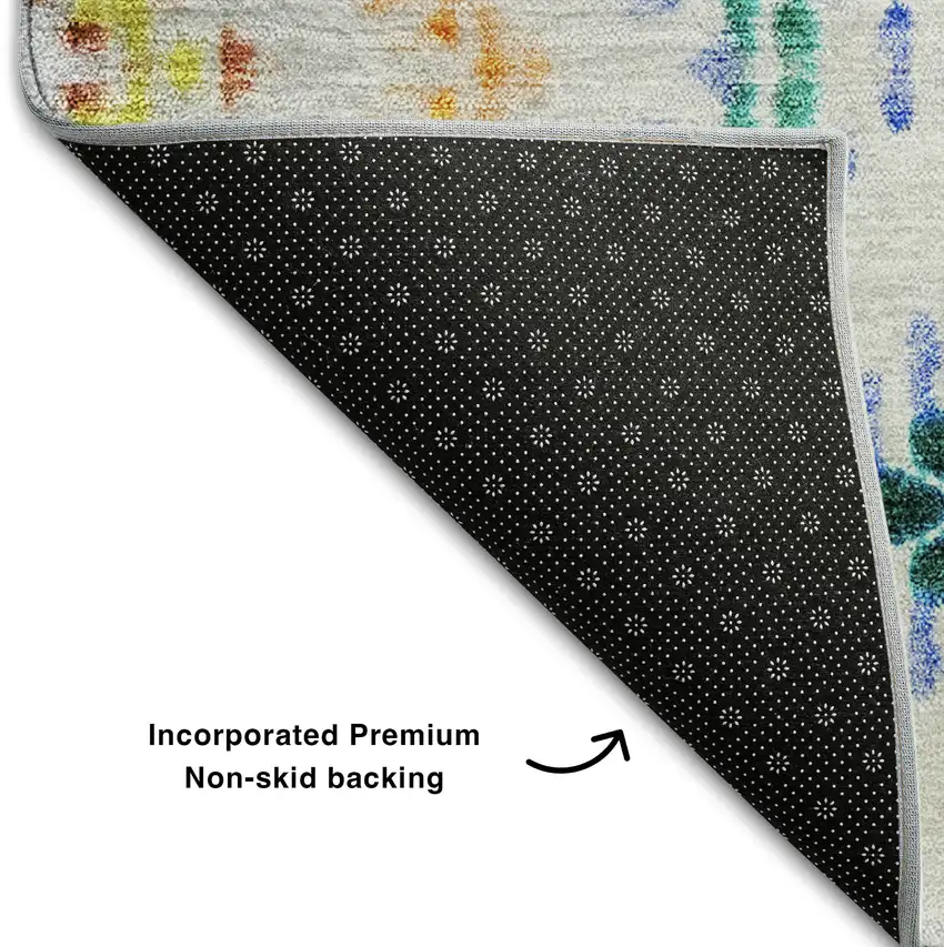 Ivory Blue And Yellow Geometric Washable Area Rug With UV Protection Photo 6