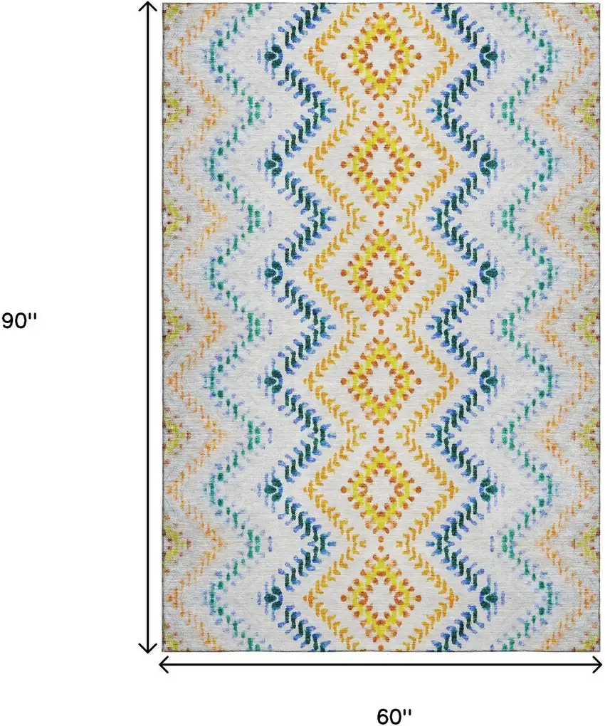 Ivory Blue And Yellow Geometric Washable Area Rug With UV Protection Photo 3