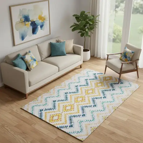 Ivory Blue And Yellow Geometric Washable Area Rug With UV Protection Photo 1