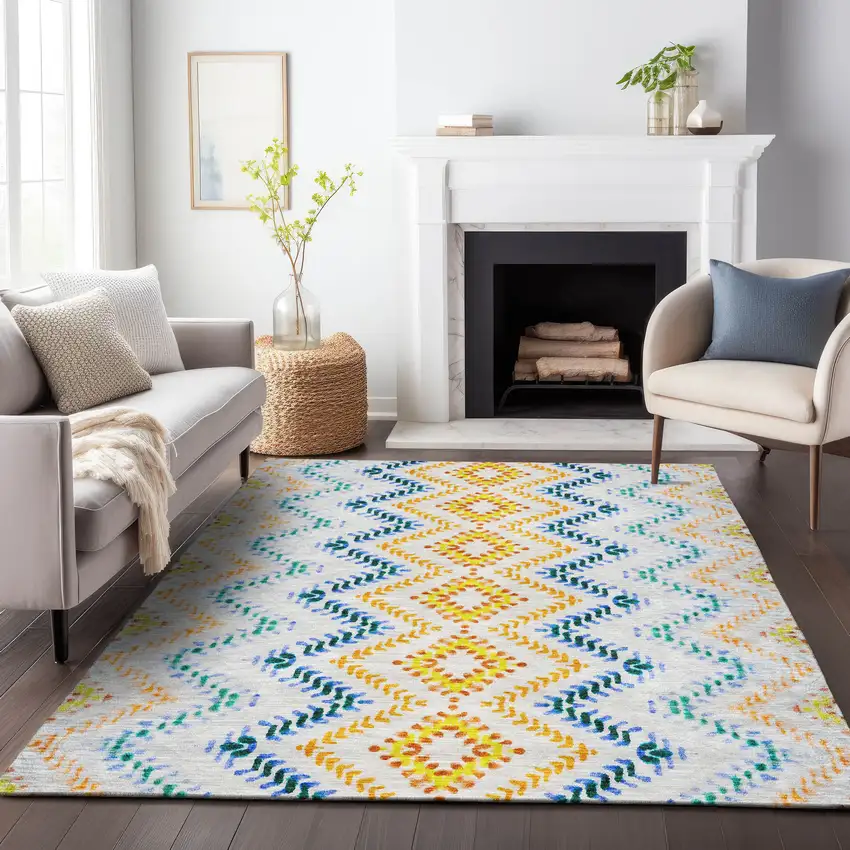 Ivory Blue And Yellow Geometric Washable Area Rug With UV Protection Photo 4