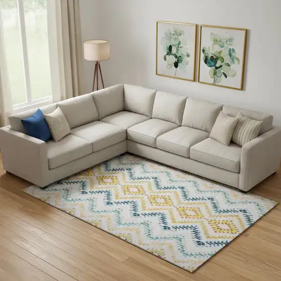 Ivory Blue And Yellow Geometric Washable Area Rug With UV Protection Photo 1