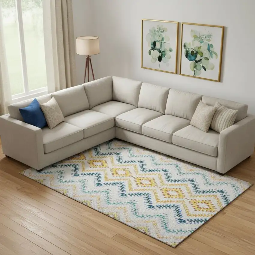 Ivory Blue And Yellow Geometric Washable Area Rug With UV Protection Photo 1