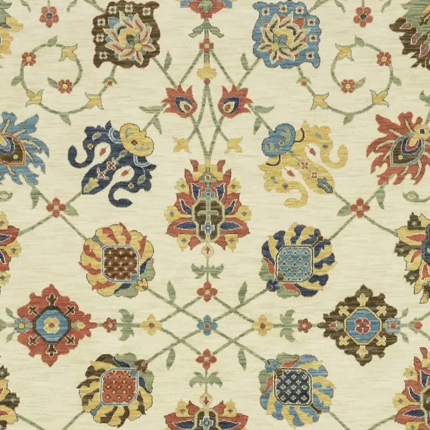 Ivory Blue And Yellow Oriental Area Rug With Fringe Photo 7